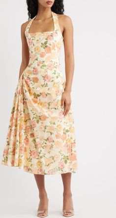 House of CB Tallulah Rose Print Halter Midi Dress in Warm Rose Print at Nordstrom, Size X-Small