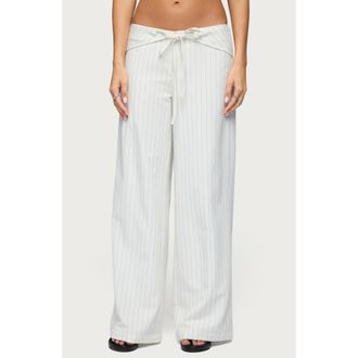 Edikted Parker Pinstripe Low Rise Tie Wide Leg Pants in White at Nordstrom, Size X-Small
