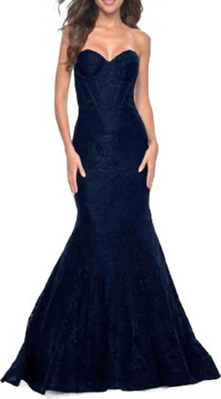La Femme Lace Mermaid Prom Dress In Marine Blue