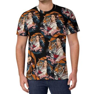 Generic Japanese Kimono Tiger Cherries Flowers Mens T-Shirts Athletic Crew Neck Tee Mesh Quick Dry Summer Tops 6XL
