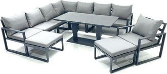 Fimous Fimous 10 Seater Outdoor Aluminum Garden Furniture Set Corner Sofa Chair 2 Big Footstools Adjustable Rising Lifting Dining Table Sets Dark Grey