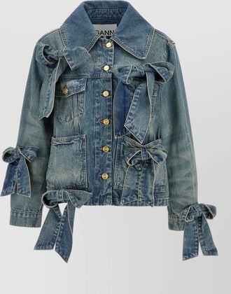 Ganni rigid denim jacket bow detail pockets