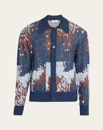 Officine G&eacute;n&eacute;rale Mens Multicolor Linen Blend Abstract Cardigan