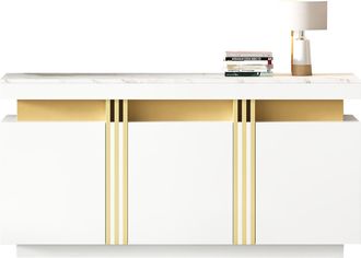 STILVORA Aparador Con 3 Puertas Y 6 Compartimentos, Estantes Ajustables, Efecto M&aacute;rmol, En Tablero De Part&iacute;culas, Blanco, 140&times;38&times;70 Cm