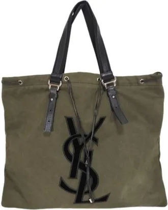 Saint Laurent Kahala Khaki Brown Canvas Leather Tote Bag (Pre-Owned)