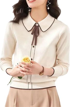 Generic Women Vintage Elegant Chic Sweet Bow Soft Knitted Sweater Slim All-Match Basic Pullover Top Apricot L