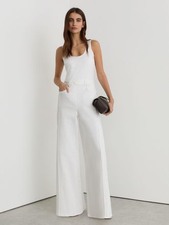 Reiss Cream Petite Wide-leg Racer-back Denim Jumpsuit, 18