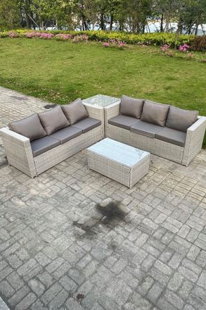 Fimous Light Grey Outdoor Rattan Garden Furniture Set Corner Sofa With 2 Coffee Table