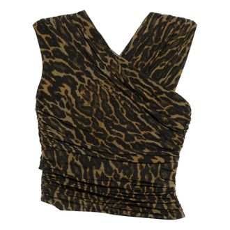 Ganni Sleeveless Tops, female, Green, Size: M Printed Shiny Jersey Sleeveless Ruched Blouse