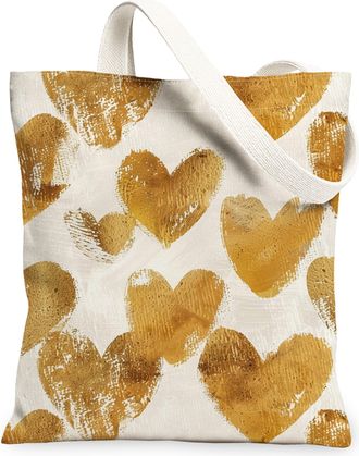 Generic Gold Heart Canvas Tote Bags, Stylish Love Pattern Reusable Shopping Bags, Elegant Lightweight Washable Shoulder Strap, Gold, 13x15 Inch