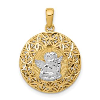 Diamond2Deal 14k Yellow Gold Rhodium Polished Filigree Guardian Angel Pendant