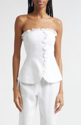 Poss&eacute; Florence Strapless Ruffle Trim Linen Peplum Top in Ivory at Nordstrom, Size Xx-Small