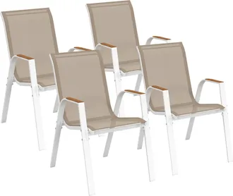 IDMarket Set Di 4 Sedie Da Giardino Impilabili Noumea In Metallo E Textilene, Bianco E Legno