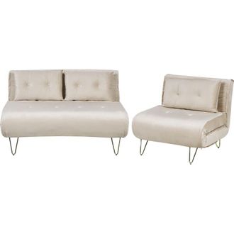 Beliani Conjunto De Sala De Estar 3 Plazas De Terciopelo Beige Dorado Cojines Vestfold