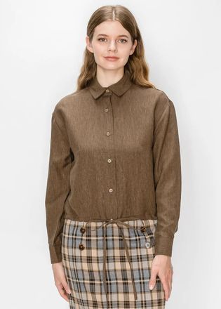 YAL New York Brown Linen Blend Blouse with Drawstring Hem