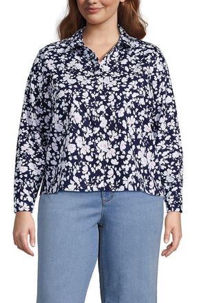 Lands End No Iron Boxy Cropped Shirt in Deep Sea Navy Blossoms at Nordstrom, Size 1X