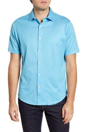 Bugatchi Knit Short Sleeve Button-Up Shirt in Washed Blue at Nordstrom Rack, Size Xx-Large