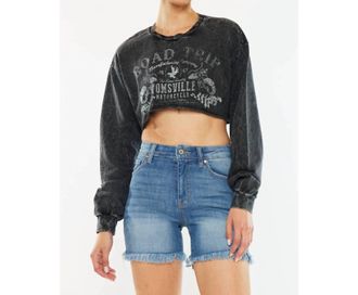 Kancan Cheyenne High Rise Fray Hem Shorts Jeans In Medium Blue