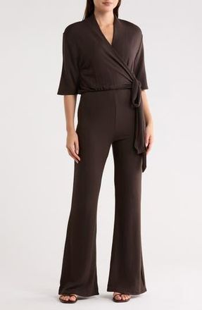 Go Couture Short Sleeve Faux Wrap Jumpsuit in Bronze Brown at Nordstrom Rack, Size X-Large