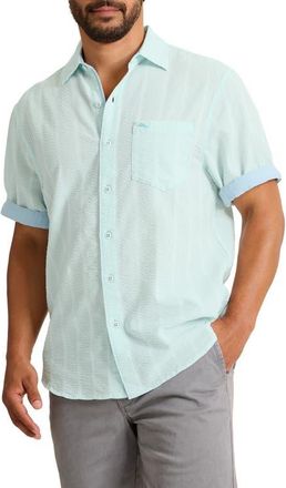 Tommy Bahama Nova Wave Short Sleeve Stretch Seersucker Button-Up Shirt in Dusty Aqua at Nordstrom, Size 3Xlt