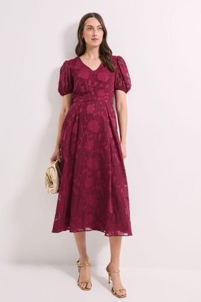 Principles Womens Floral Jacquard Puff Sleeve Midi Dress - Wine - Size 10 UK