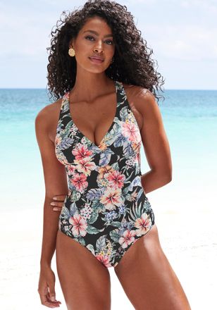 Lascana Badeanzug LASCANA Salsa, Damen, Gr. 36, Cup B, schwarz (schwarz bedruckt), Recycling-Polyamid, gebl&uuml;mt, Badeanz&uuml;ge Badeanzug, mit Shaping-Effekt und t