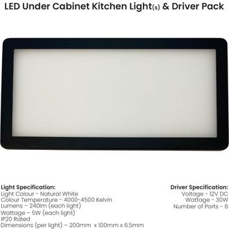 Loops 6x MATT BLACK Ultra-Slim Rectangle Under Cabinet Kitchen Light & Driver Kit - Natural White Diffused LED