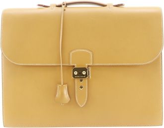 Herm&egrave;s Sac A Depeche Brown Natural Yellow Box Calf Leather Briefcase (Pre-Owned)