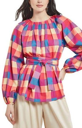 Misook Check Tie Waist Shirt in Radiant Pink/adriatic Blu/parc at Nordstrom Rack, Size X-Small