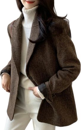 Generic Women Tweed Herringbone Blazer Open Front Casual Business Office Suit Jacket Elegant Two Button Wool Blend Trench Coat Winter Duffle Peacoat Windproof