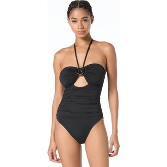 Michael Kors Bubble Logo Bandeau One-Piece Swimsuit in Black at Nordstrom, Size 10