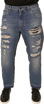 Dolce & Gabbana Mens Blue Tattered Straight Cropped Denim Jeans Cotton Clothing