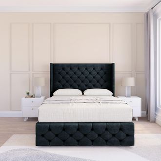 Sloomy Luthor Naples Wingback Bed Set, No Drawers & 54 Floor Standing Headboard in Black | Size: Small Double