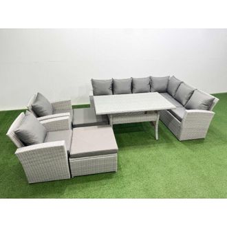Fimous Rattan Garden Furniture Set Outdoor 10 Seater Patio Dining Corner Sofa Sets with Dining Table Chair Big Footstools Light Grey Mixed - Fimous