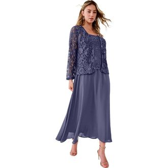 Roaman's Plus-Size 2 Piece Long Sleeve Embellished Lace Jacket And Full Gown in Deep Dusk at Nordstrom, Size 22