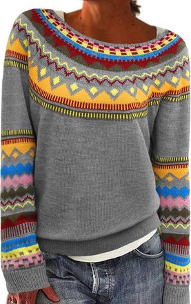 Heekpek Womens Jumpers Crew Neck Knitted Jumper Tops Stylish Alpaca Fair Isle Christmas Jumpers Long Sleeve Loose Fit Autumn Winter Sweater Warm Knitwear Pull