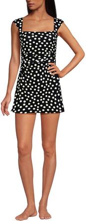 Lands End Chlorine Resistant Square Neck Ruched Swim Dress One Piece Swimsuit in Black/egret White Tossed Dots at Nordstrom, Size 20W