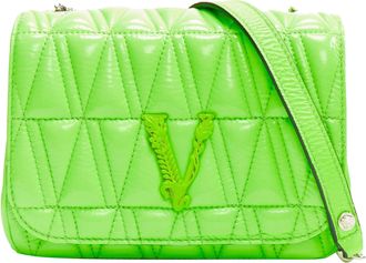 Versace Virtus bright green V quilted patent leather crossbody flap bag