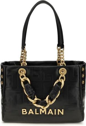 Balmain Embossed Logo Leather Shoulder Bag Black