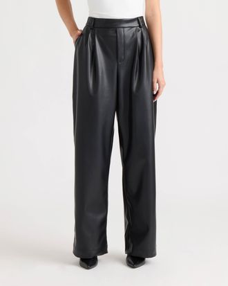 Ellen Tracy Womens Vegan Leather Pleated Wide Leg Pant