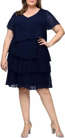 S.L. Fashions Beaded Tiered Chiffon Dress in New Navy at Nordstrom, Size 24W