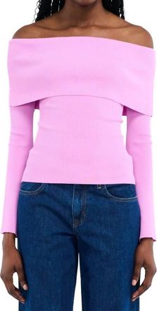Nia Palmer Off Shoulder Bell Sleeve Ribbed Sweater In Pink