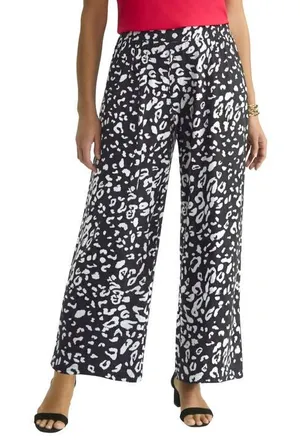 Jessica London Stretch Knit Wide Leg Pant in Black White Cheetah at Nordstrom, Size 24