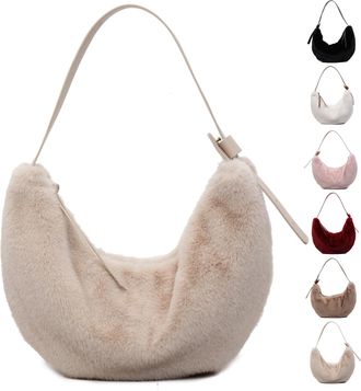 Generic Plush Tote Bag for Women Girl Winter Plush Furry Shoulder Bag Crescent Handbag Autumn Winter Tote Saddle Bags Crossbody Bags for Shopping School Trave