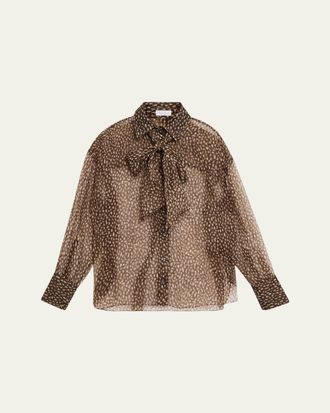 Brunello Cucinelli Pois-Lier Print Long-Sleeve Silk Blouse