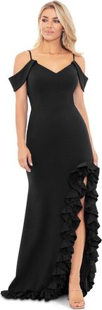 Xscape Maxi Dress Women Black Crepe Side Slit Ruffle Hem Cold Shoulder UPS971