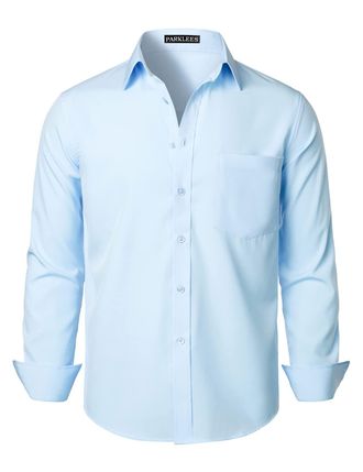 PARKLEES Mens Regular Fit Dress Shirt Solid Wrinkle-Free Long Sleeve Casual Business Button Up Shirts with Pocket PZSSCL05-Sky Blue XXXL