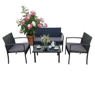 Relaxdays Relaxdays Set Jard&iacute;n 4 Pzas Rat&aacute;n, 4 Personas, Banco 2 Plazas, 2 Sillas, Mesa De Cristal, Muebles Lounge Exterior Negro