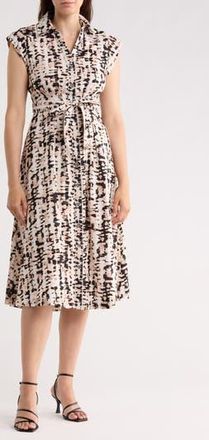 DKNY Extended Cap Sleeve Belted Shirtdress in Black Multi at Nordstrom Rack, Size 18 (Similar To 14W)