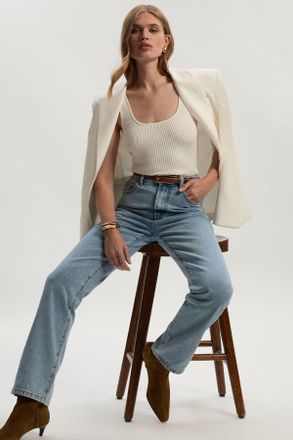 Karen Millen Womens Rigid Denim High Rise Straight Leg Jean - Light Blue Cotton - Size 6 UK